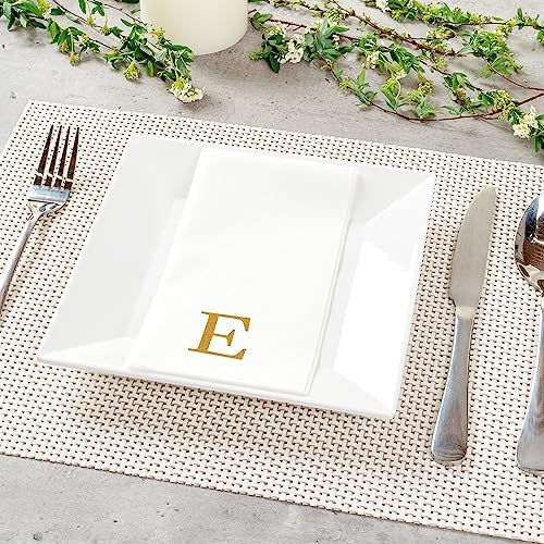 Luxenap 15.8 X 7.9 Inch Linen-Feel Guest Towels, 50 Lettered Hand Towels - Gold Letter 'E', Sans Serif Font, White Paper Dinner Napkins, airlaid, For Restrooms And Tables - Restaurantware