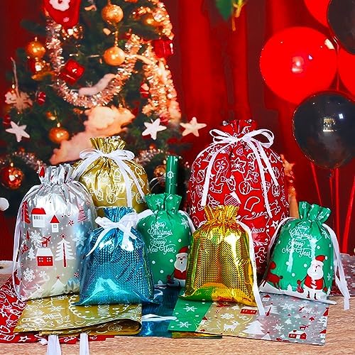 HRX Package 30pcs Foil Drawstring Christmas Gift Bags Assorted Sizes, Holiday Gift Wrapping Sacks Xmas Pouches for Presents