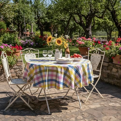 Easter Waterproof Polyester Tablecloth, Pastel Checkered Fabric Table Cover for Spring Party, Kitchen Dining Decor, Easy Care Cloth Tablecloth for Indoor Outdoor Use, 60" Round