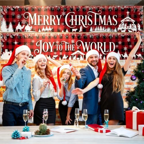 Remagr 3 Pcs Christmas Nativity Banner 98 x 18 Inch Party Decorations Outdoor Yard Sign Backdrop, Red Buffalo Plaid Jesus Birth Wall Decor for Christian Xmas Celebration Lawn Garden(Jesus)