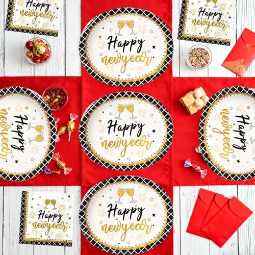 Dereinwo 50 Pcs New Year Paper Plates and Napkins Set