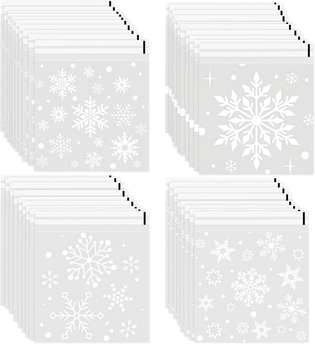 FOIMAS 300pcs Christmas Cellophane Treat Bags, Self Adhesive Snowflake Candy Cookie Bag Small Plastic Goodie Bags with Snowflake Bags for Xmas Party Favor Supply