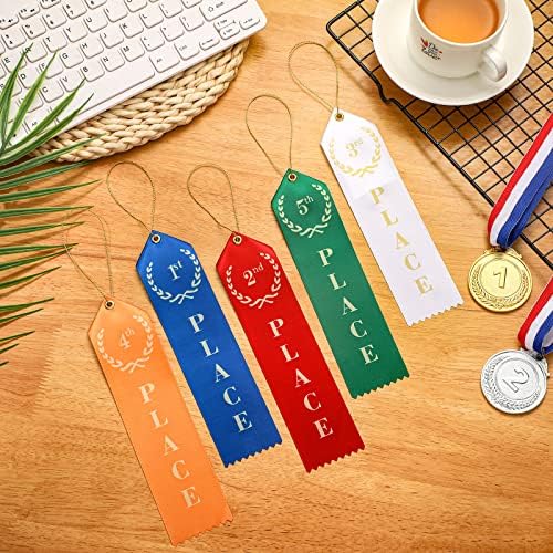 60 Pcs Award Ribbons Set for 1st - 5th, Event Card & Rope Included, Match Prize Place Ribbons Flat Carded for Competitions, Sports Events, School Challenges, Team, 5 Colors