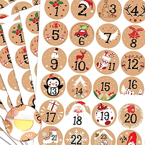 HOWAF 192pcs Christmas Advent Stickers 1-24 Christmas Number Stickers Round Kraft Xmas Countdown Sticker DIY Advent Calendar Sticker Gift Sealing Labels Xmas Party Supplies, 8 Sheets, 4cm