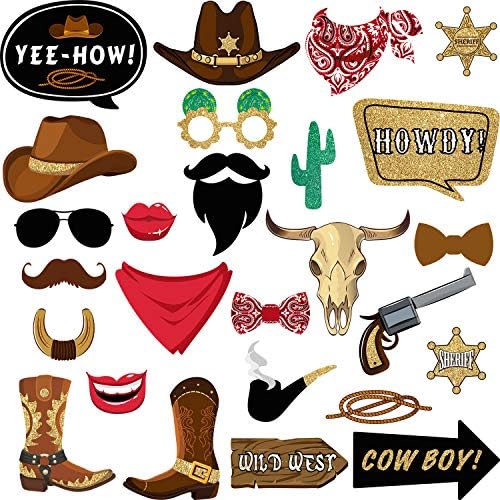 Blulu 26 Pieces Western Photo Booth Props Kit Party Decorations, Cowboy