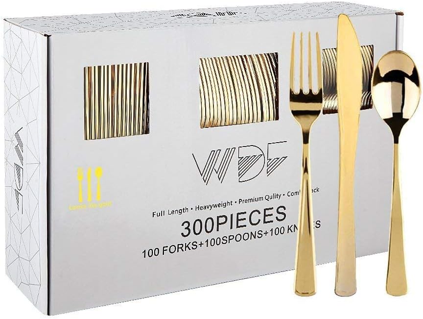 144 Pack Gold Premium Heavy Duty Plastic Silverware, 48 Forks, 48 Spoons, 48 Knives, For Catering, Parties, Dinners and Weddings, BPA-Free, Disposable Plastic Cutlery Set Utensils Set