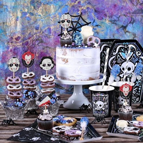 24 PCS Halloween Horror Movie Cupcake Toppers, Bloody Knife Picks, Have a Killer Birthday Cake Decorations for Classic Movie Characters Theme Party Supplies