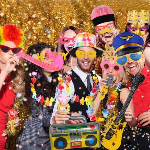 Bulk Opulent Photo Booth Props Set for Adult, Novelty Funny Hats and Glasses, Colorful Wig, Inflatable, Phtot Booth Props Kit for Graduation, Wedding, Birthday, Bachelorette and All Occasions