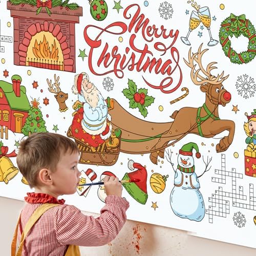 Christmas Coloring Tablecloth 31×72 Inch, Large Table Cover with Santa Claus, Reindeer, Paper Drawing Poster with Christmas Tree, Snowflakes and Gift Designs, Holiday Party Activity and Crafts