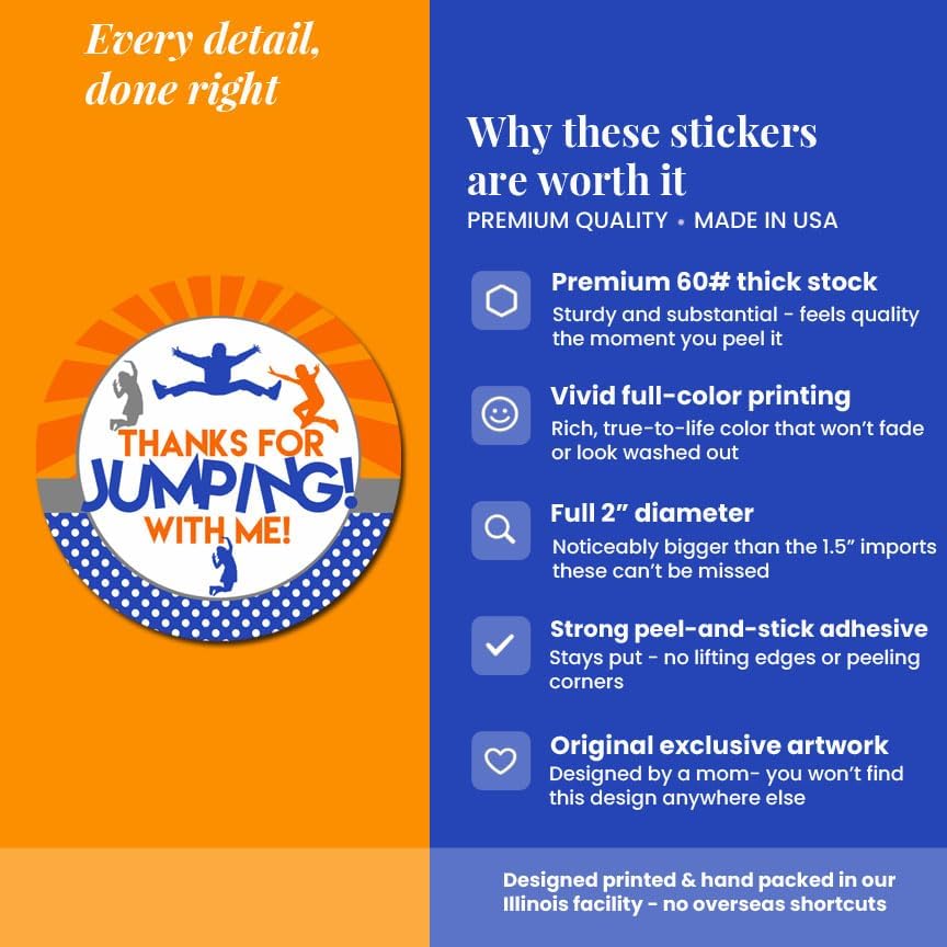 Trampoline Stickers, 40 Pack 2 Inch Round Birthday Labels, Trampoline Park Party Favors, Thanks for Jumping with Me Design, Made in USA by Amanda Creation