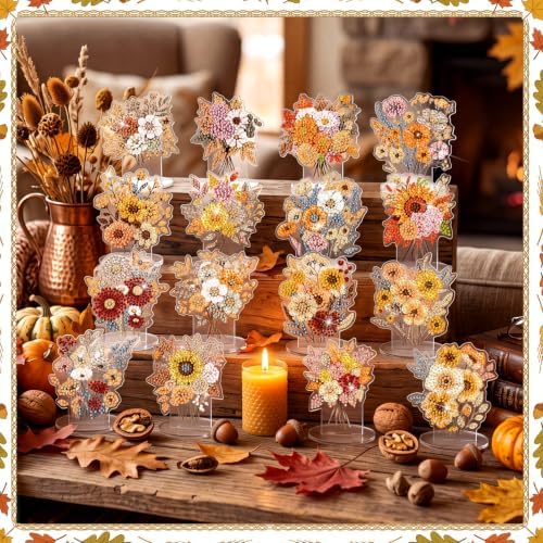Kosiz 16 Pcs Fall Wildflower Diamond Art Tabletop Decor Fall Diamond Art