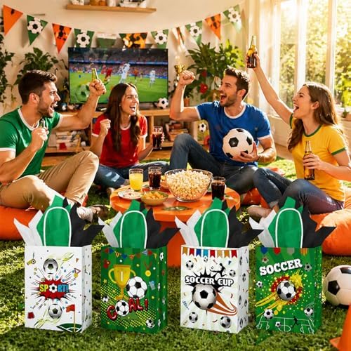 12 Pcs Soccer Goodie Bags with Handles, 2 Styles Soccer Snack Bags for Team, Soccer Snack Gift Bags for Birthday Game Day Sport Themed Party Supplies (8.3 × 6.3 × 3.1 in)