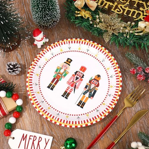 FYSUIMU 50Pcs Christmas Nutcracker Paper Plates Nutcracker Red Border Disposable Plates 9 Inch Merry Party Tableware Dinner Plate for Xmas Winter Holiday Party Table Decor