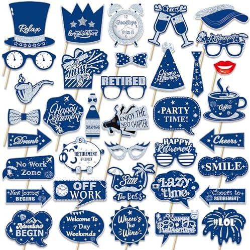 Retirement Party Photo Booth Props Kit - 37pcs Paper Photo Props 1 Frame Glitter Retirement Party Decorations for Retiree Celebration, Farewell Office Party Supplies (Blue and Silver)