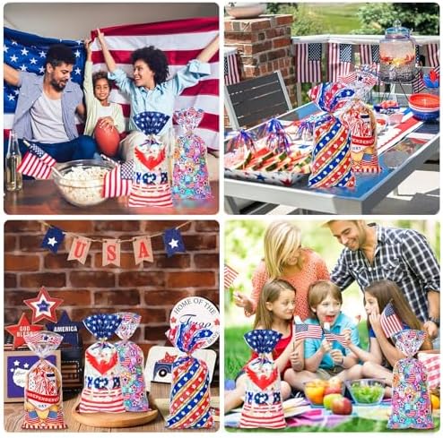 100 Pcs 4th of July Cellophane Treat Bags - 5" x 11" Patriotic Candy Bags with 110 Gold Twist Ties, Independence Day Goodie Bag for Cookies, Snacks, Party Favors & Gift Packaging (Red White and Blue)