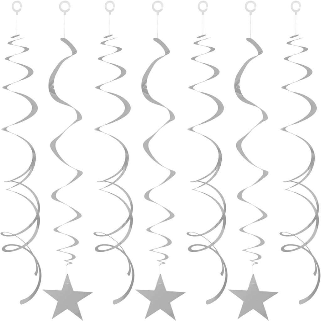 40Pcs Silver Star Hanging Swirls Party Decorations Plastic Spirals Streamers Foil Ceiling Decor for Birthday Bridal Showers All Kinds of Parties Classroom Home Party Favors