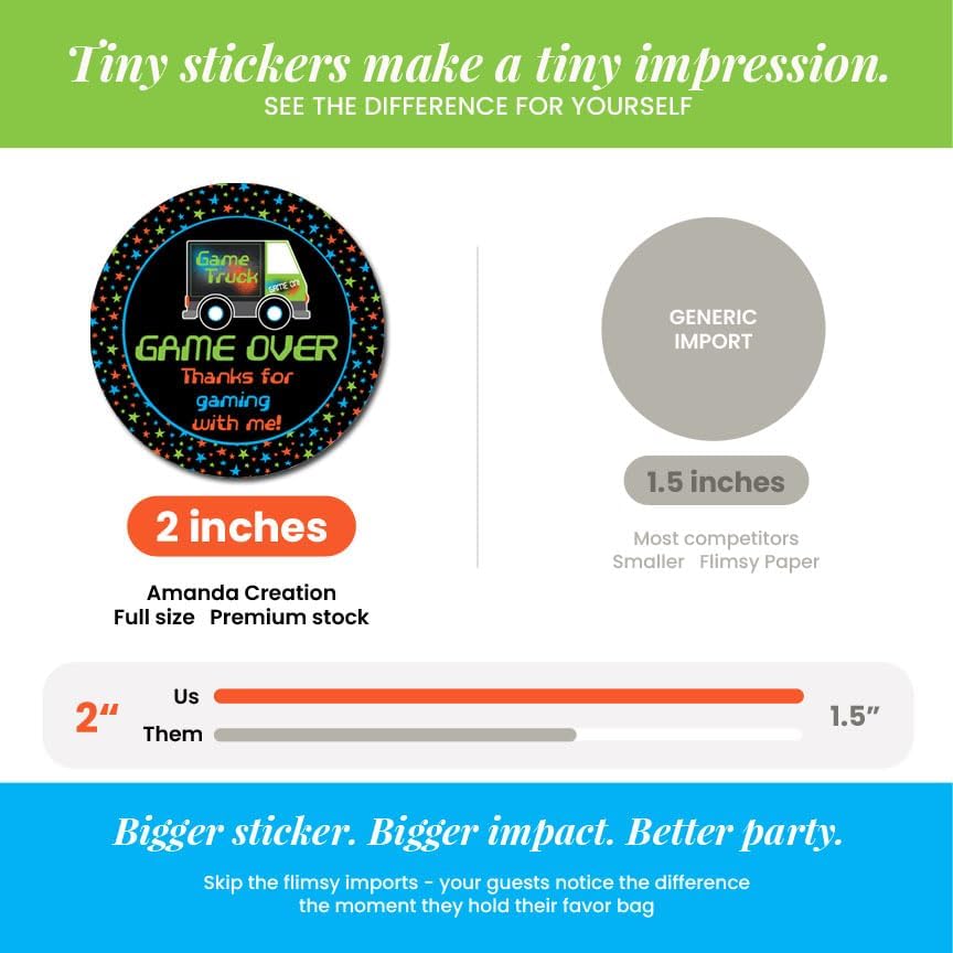 Video Game Truck Party Stickers, 40 Pack 2-Inch Gamer Birthday Labels for Favors, Goodie Bags & Envelope Seals, Made in USA by Amanda Creation