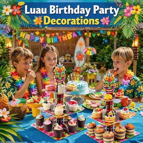 OHOME Luau Party Decorations | Hawaiian Cupcake Stand - 3 Tier Tiki Cake Holder - Tropical Party Decorations for Summer Beach Pool, Hawaiian Luau Birthday Favors Supplies