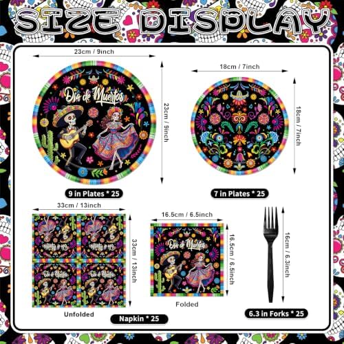 100 Pieces Día de Muertos Party Tableware Set – Disposable Sugar Skull Plates, Napkins and Black Forks for Day of the Dead Party, Mexican Fiesta, Halloween Celebration– Serves 25 Guests