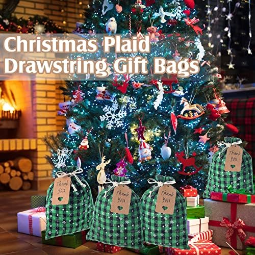 Shappy 24 Pcs Christmas Drawstring Gift Bags Xmas Buffalo Plaid Burlap Advent Bags 10 x 8 Inches Linen Treat Candy Bag with 32.8 ft Rope 24 Card(Black Green Snowflake)