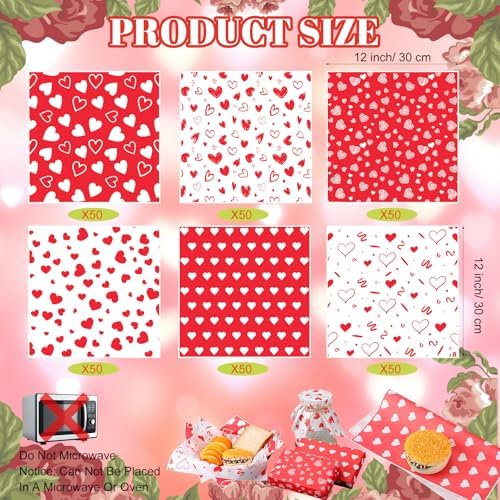 Ireer 300 Pcs Red Heart Wax Paper Sheets Parchment for Food Deli Paper 12x12 Inch Waterproof 6 Style Heart Valentine Mom Teacher Gift Wrapping Picnic Basket Liners Greaseproof Wrapping Wedding Party