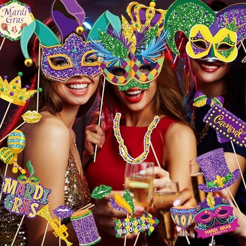 30Pcs Mardi Gras Photo Booth Props - Mardi Gras Party Favors & Decorations for Masquerade Fat Tuesday Carnival Wedding Photo Props for New Orleans Themed Parties, Bachelorette Parties