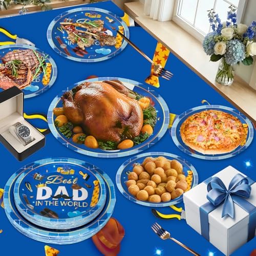 24 Pcs Happy Father's Day Plates Set - Blue Best Dad Paper Plate, Disposable Happy Fathers Day Round Dinner Dessert Plates Tableware for Grandpa Father Days Party Supplies Favors Table Decorations