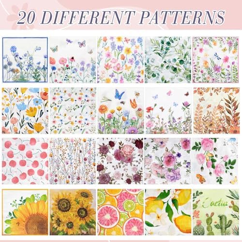 Crtiin 20 Pack Decoupage Napkins Floral Cocktail Decorative Paper Napkins