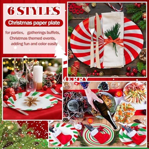 Fourluoo 96 Pcs Christmas Paper Plates Disposable 9 Inch Red White and Green Candy Dessert Cake Dinner Plates Bulk for Xmas Holiday Party Favor Supplies