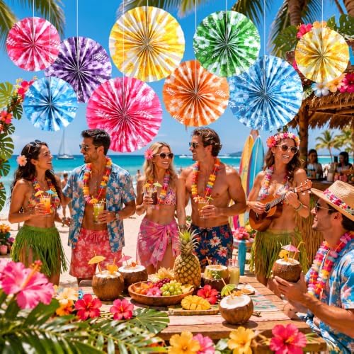 Outus 9 Pcs Tropical Hibiscus Paper Fans Hawaiian Party Decorations