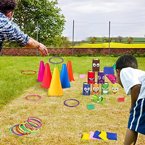 36PCS Carnival Games Combo Set 4 in 1 Bean Bag Toss Can Games Plastic Cone Ring Toss Game for Indoor Outdoor School Field Day Birthday Party Yard Game for Kids Adults
