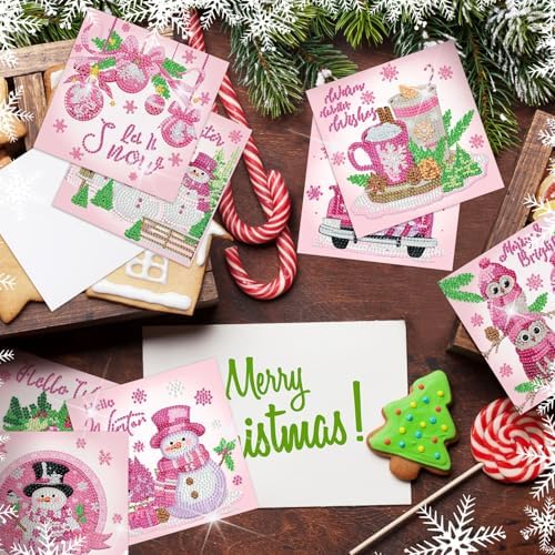 Saillong 12 Pack Pink Winter Diamond Painting Greeting Card Kits Winter Diamond Art Cards with Envelopes Snowman 5D Rhinestones Painting Making Kits for Adults DIY Craft Family Friend Holiday Gifts