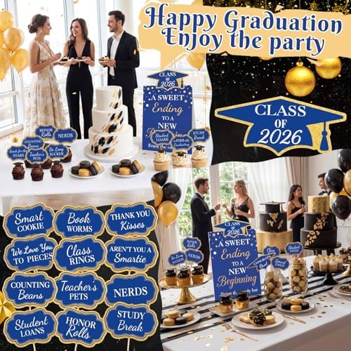 Spakon 24 Pcs Grad Candy Buffet Labels with Stand, Table Signs, Blue Gold