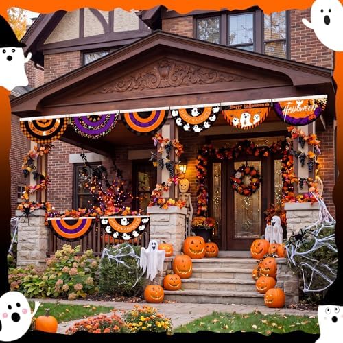 12 Pcs Happy Halloween Bunting Halloween Ghost Half Fan Banner