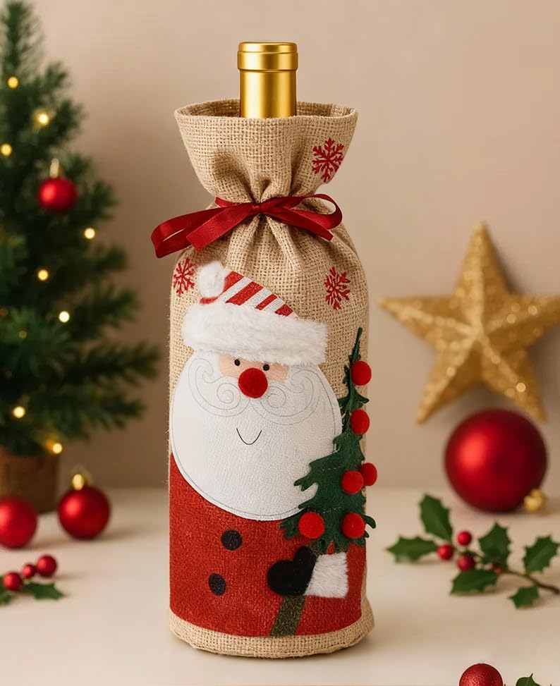 TEBIEKOY Christmas Wine Bags Festive Burlap Wine Bottle Gift Bags with Drawstring Reusable Wine Bottle Covers for Xmas Christmas Holiday Packaging for Wine, Champagne, Gifts & Party Decor (2-Pack)
