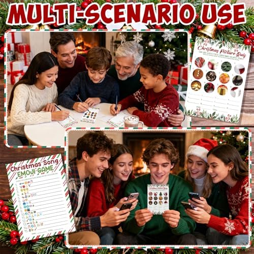 27 Pcs Christmas Games for Family Party Merry Christmas Paper Game Cards Double Sided Printed Xmas Festival Picture Quiz Guessing Songs Adults Holiday Activity Decorations Large Groups with Answer Key