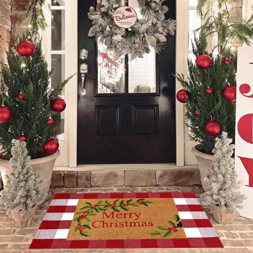 Christmas Red and White Plaid Rug, 28 x 43 Inches Cotton Hand-Woven Layered Door Mat for Front Porch, Entryway, Outdoor Holiday Decor, Washable Buffalo Check Rug for Home, Patio, Kitchen