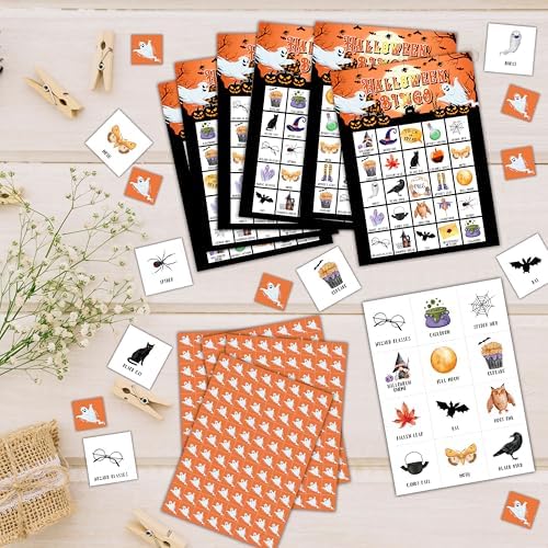 Halloween Bingo Games, Halloween Party Bingo Cards for Adults, Pumpkin Ghost Game for Family Large Group Party, 24 Players Activities, 17