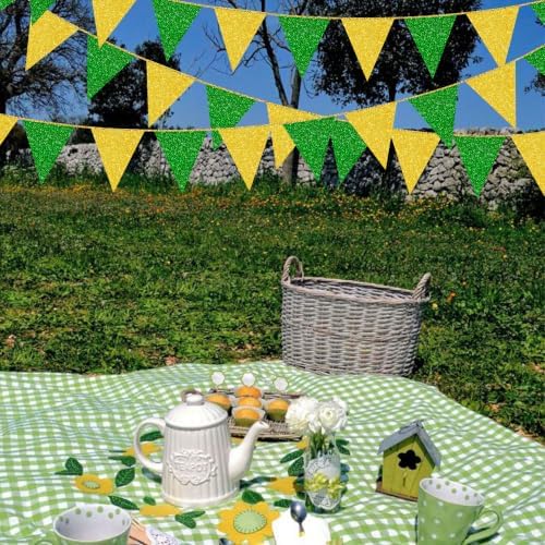 30Ft Green Gold Party Decorations Glitter Gold Green Pennant Banner Flag Triangle Bunting Garland Streamers for Masters Golf Birthday Graduation St. Patrick’s Day Spring Summer Tractor Decor Supplies