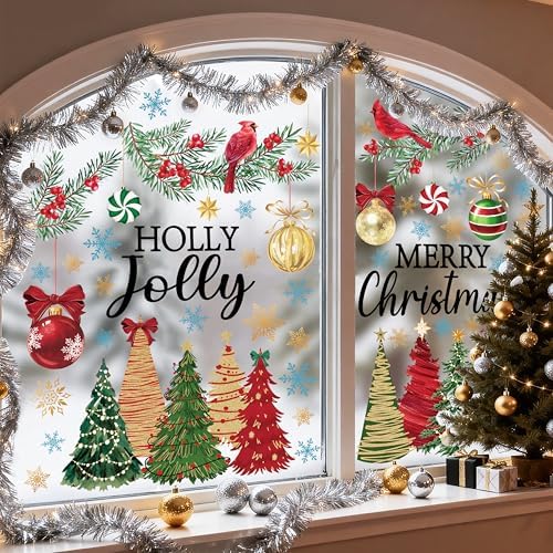 8 Sheets Christmas Window Clings Stickers Winter Snowflake Merry Christmas Tree Xmas Window Decals for Holiday Party Home Office Shop Glass Display Decoration