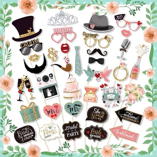 36 Pcs Wedding Photo Booth Props for Wedding Party Decoration Supplies, Weddings Theme Selfie Props Photography Backdrop Decorations for Weddings Party Favors