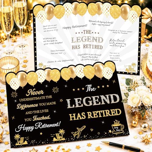 WNINK Black Gold Retirement Card for Men Women, Jumbo Happy Retirement Guest Book Card with Envelope, Large Farewell Signing Card, The Legend Has Retired Party Decorations Gift