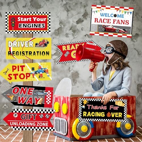 20 Pcs Race Car Party Decorations Racing Car Party Directional Signs Racing Themed Birthday Decoration Supplies for Backdrops Door Wall Yard Welcome Signs