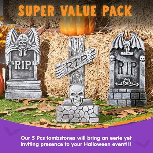 JOYIN 17” Halloween Foam RIP Graveyard Tombstones (5 Pack), Halloween Tombstones Decorations Outdoor for Graves With 12 Metal Stakes For Cemetery Yard Lawn Party Decor
