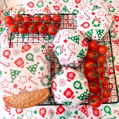 150pcs Christmas Wax Paper Sheets for Food Deli Paper Sandwich Wrap Candy Cookies Wraps, Waterproof Oil-proof Basket Liners with Snowflakeprinted for Kitchen Handmade Food(Red and Green)