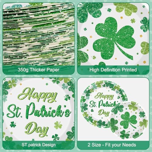 Litmitfu 24 Pcs Happy St Patricks Day Plates Set - Disposable Green Shamrock Paper Plate, Irish Round Dinner Dessert Plate Dinnerware Kit for St Patrick's Day Party Decorations Supplies Table Decor
