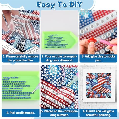 Patriotic Diamond Art Kits for Kids with Frame, American Flag Diamond Painting Kits for Kids Ages 4-8-12, 4th of July Easy Diamonds Gem Art Craft for Girl Boy, Gift Package for and Home Decor 7x7inch