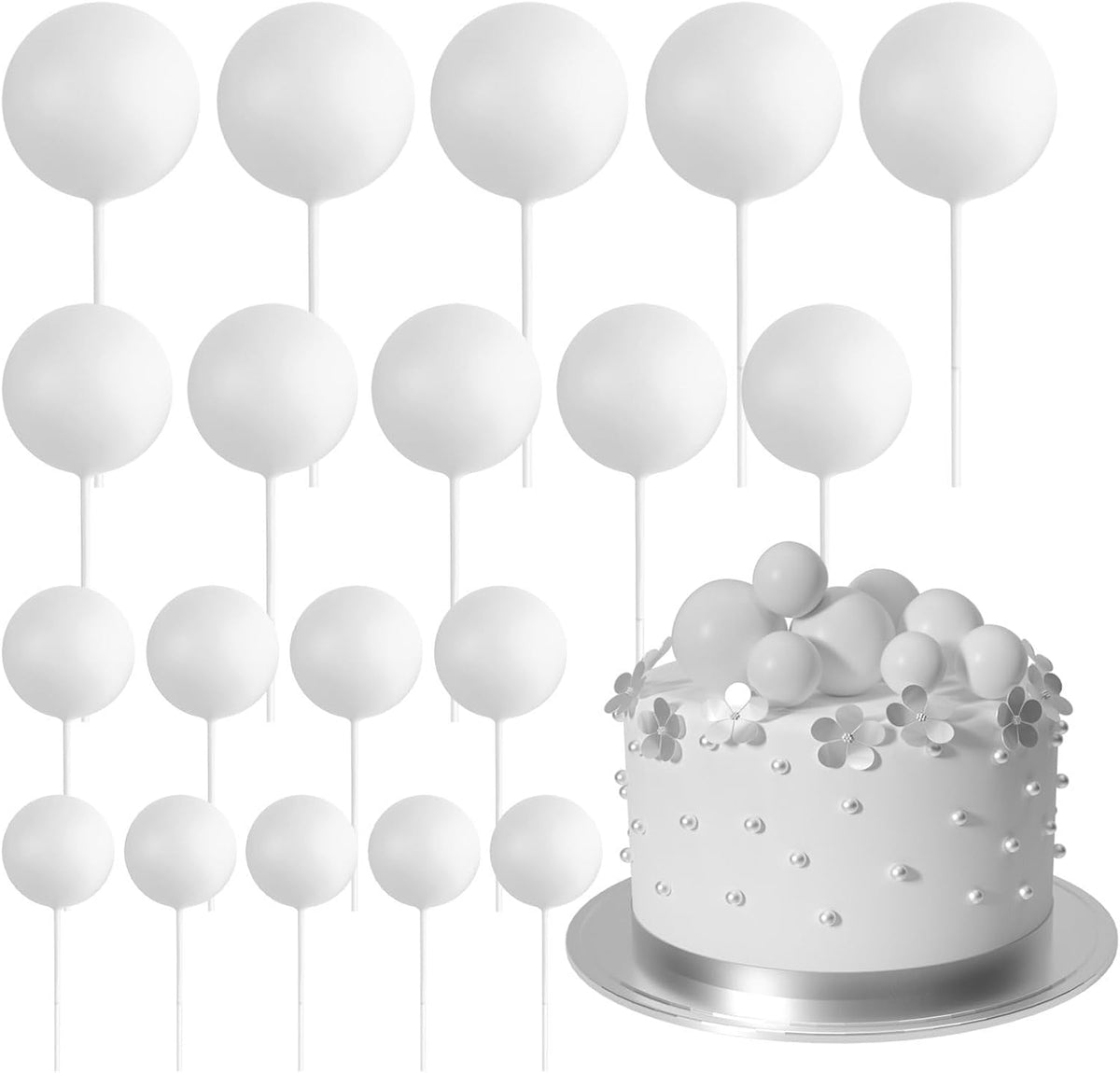 ASTARON 20 Pcs Foam White Balls Cake Topper Decorations for Birthday Cake