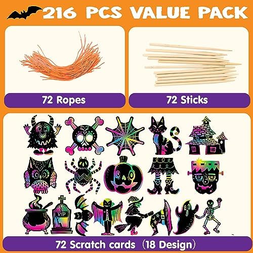 JOYIN 72 Pcs Halloween Rainbow Scratch Art Crafts for Kid, Halloween Party Favors, Scratch Off Paper with 18 Designs for Party Supplies, Classroom Activities Game Goodies Gifts