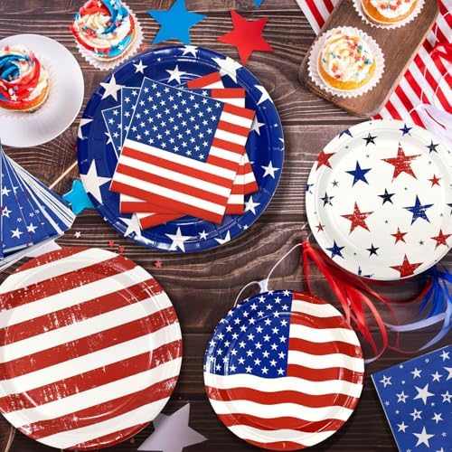 4th of July Decorations - Patriotic Party Supplies Set for 24 - Red White and Blue Tableware Kit with Plates, Napkins, Tablecloth and Glitter Banner for Independence & Election Day